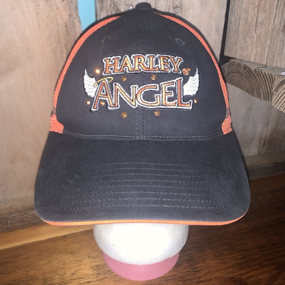 Harley Davidson Angel Wings Mesh Hat Cap Bling‎ Strapback Flames Motorcycle EUC